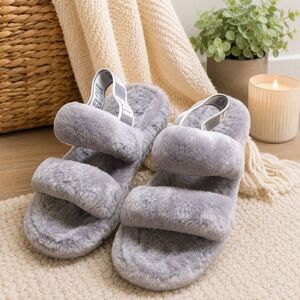 UGG Oh Yeah Gray Faux Fur Logo Strap Slide Slippers Womens US 8